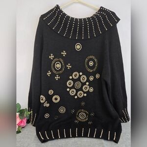 Vintage Women’s Beaded Sweater 1980s Small‎ Black-Gold Beads Cowl Neck Long Slv